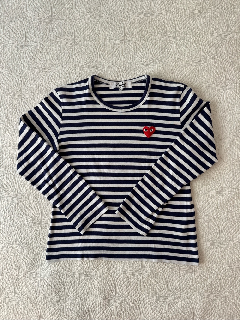 Comme des Garçons PLAY Navy & White Striped Long Sleeve Tee with Red Heart